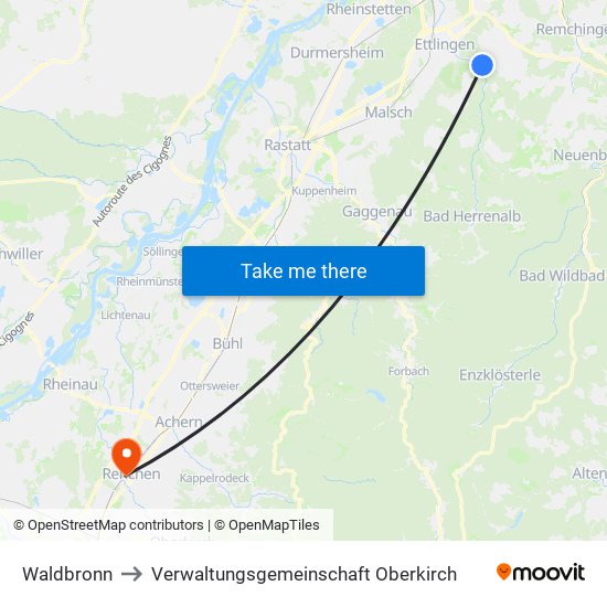 Waldbronn to Verwaltungsgemeinschaft Oberkirch map