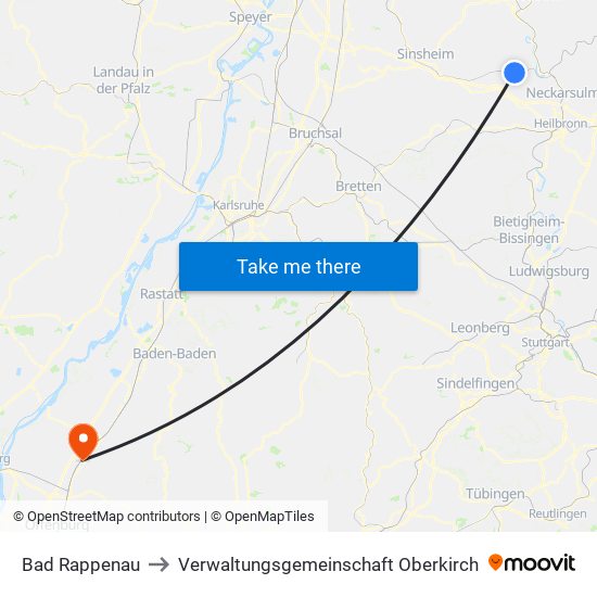 Bad Rappenau to Verwaltungsgemeinschaft Oberkirch map