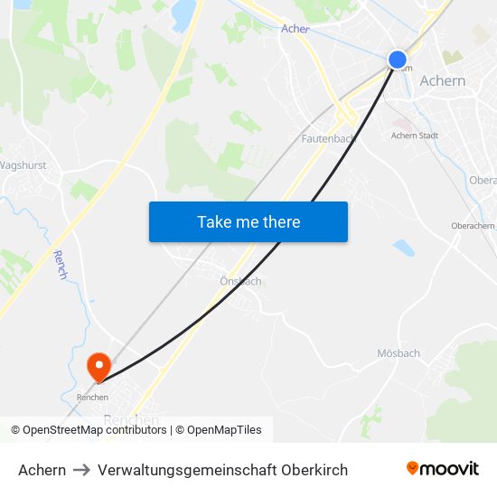 Achern to Verwaltungsgemeinschaft Oberkirch map