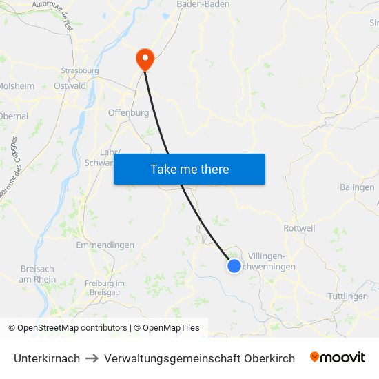 Unterkirnach to Verwaltungsgemeinschaft Oberkirch map