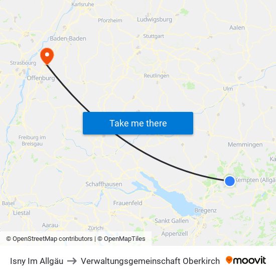 Isny Im Allgäu to Verwaltungsgemeinschaft Oberkirch map