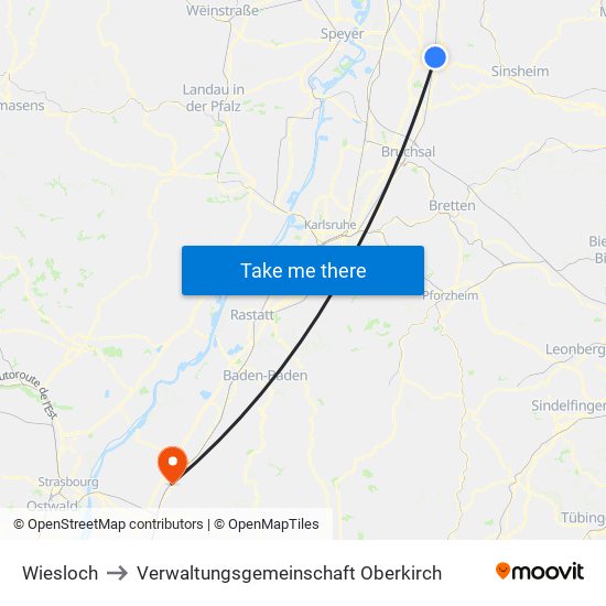 Wiesloch to Verwaltungsgemeinschaft Oberkirch map