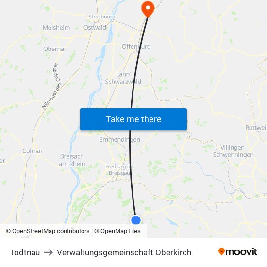 Todtnau to Verwaltungsgemeinschaft Oberkirch map