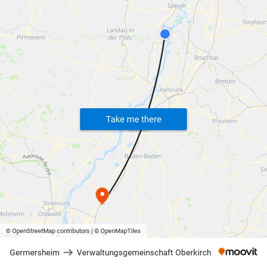 Germersheim to Verwaltungsgemeinschaft Oberkirch map