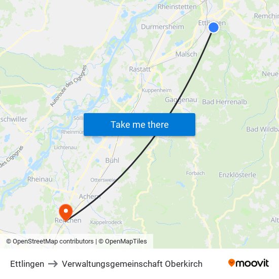 Ettlingen to Verwaltungsgemeinschaft Oberkirch map