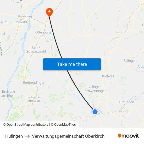 Hüfingen to Verwaltungsgemeinschaft Oberkirch map