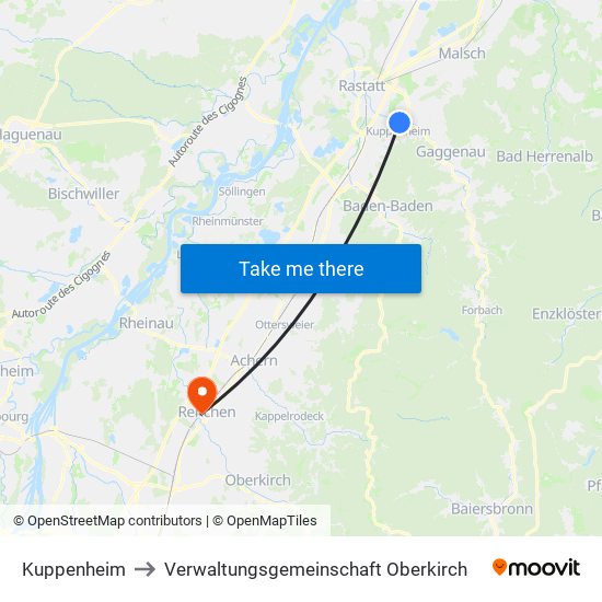 Kuppenheim to Verwaltungsgemeinschaft Oberkirch map