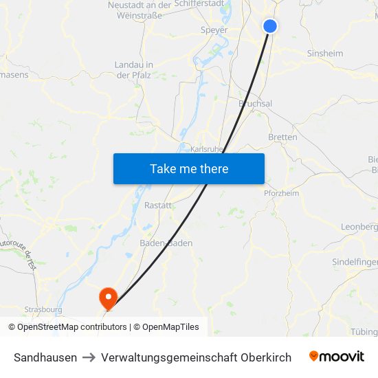 Sandhausen to Verwaltungsgemeinschaft Oberkirch map