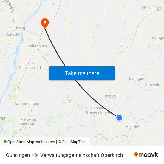 Gunningen to Verwaltungsgemeinschaft Oberkirch map