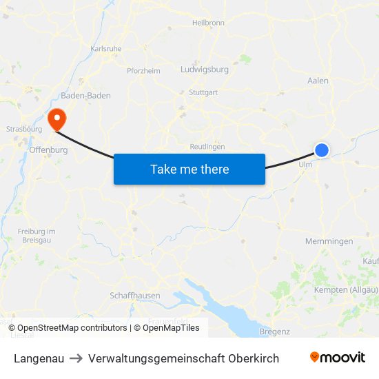 Langenau to Verwaltungsgemeinschaft Oberkirch map