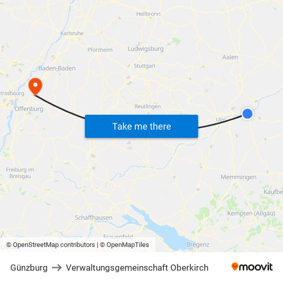 Günzburg to Verwaltungsgemeinschaft Oberkirch map