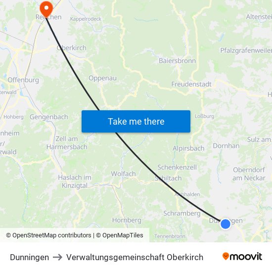 Dunningen to Verwaltungsgemeinschaft Oberkirch map