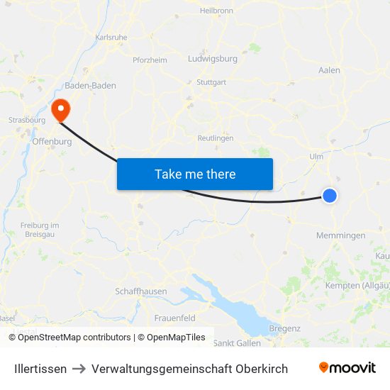 Illertissen to Verwaltungsgemeinschaft Oberkirch map