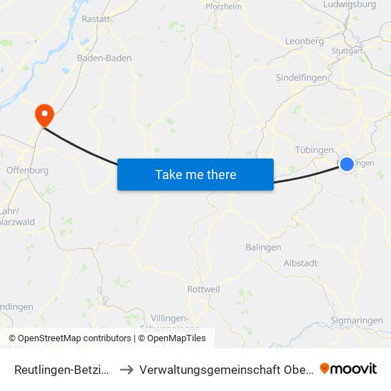 Reutlingen-Betzingen to Verwaltungsgemeinschaft Oberkirch map