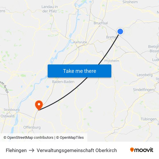 Flehingen to Verwaltungsgemeinschaft Oberkirch map