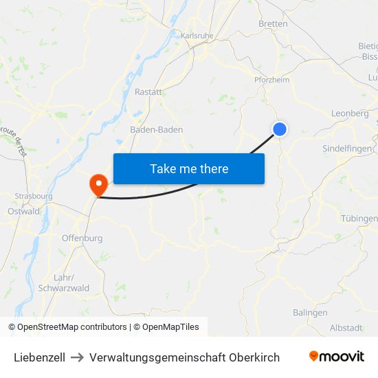 Liebenzell to Verwaltungsgemeinschaft Oberkirch map