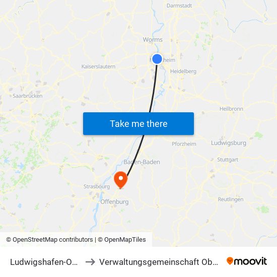 Ludwigshafen-Oppau to Verwaltungsgemeinschaft Oberkirch map