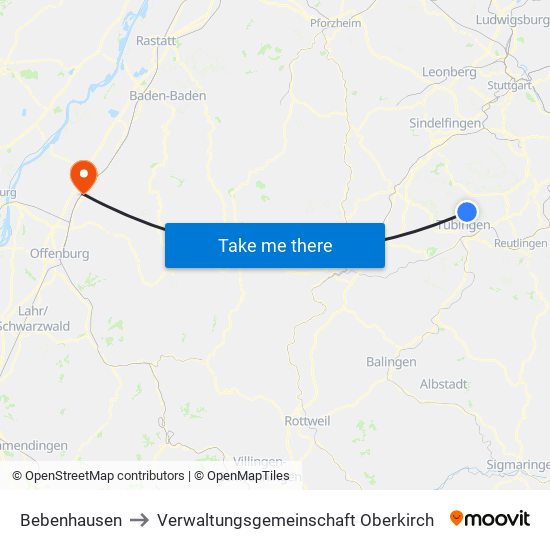 Bebenhausen to Verwaltungsgemeinschaft Oberkirch map