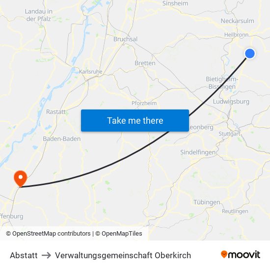 Abstatt to Verwaltungsgemeinschaft Oberkirch map