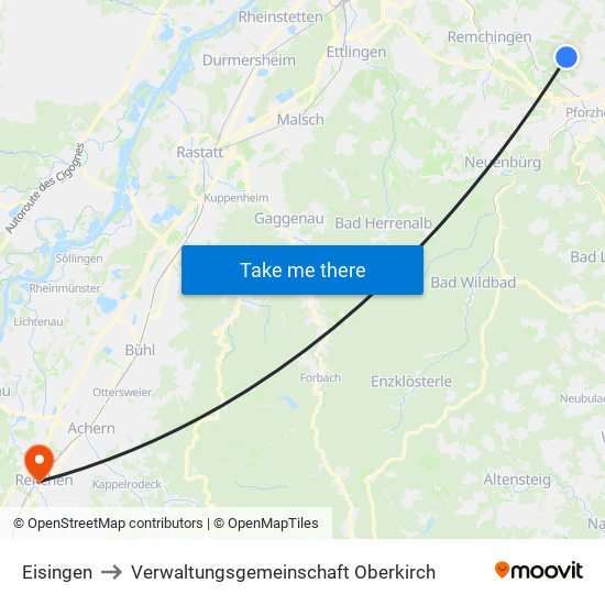 Eisingen to Verwaltungsgemeinschaft Oberkirch map