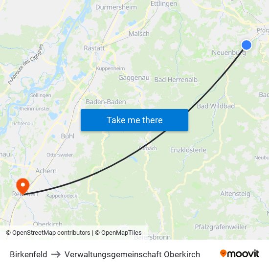 Birkenfeld to Verwaltungsgemeinschaft Oberkirch map