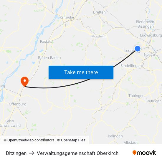 Ditzingen to Verwaltungsgemeinschaft Oberkirch map