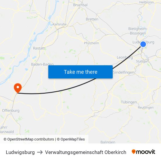 Ludwigsburg to Verwaltungsgemeinschaft Oberkirch map