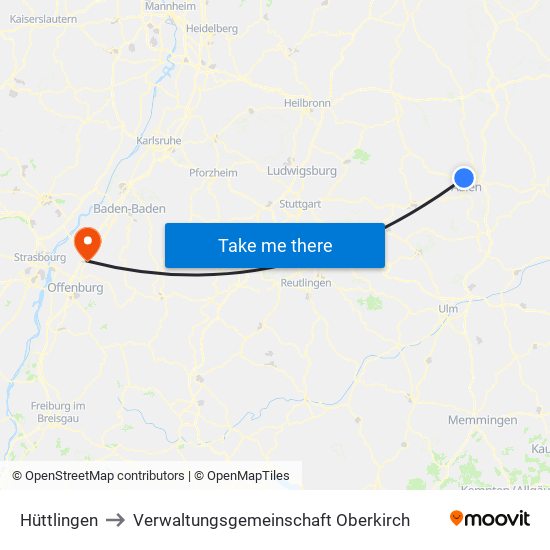 Hüttlingen to Verwaltungsgemeinschaft Oberkirch map
