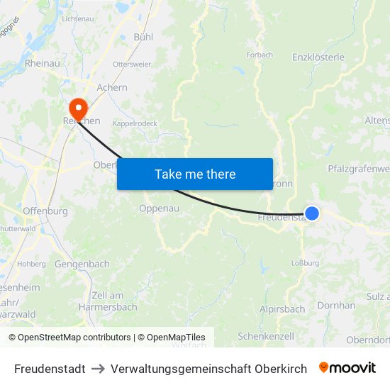 Freudenstadt to Verwaltungsgemeinschaft Oberkirch map