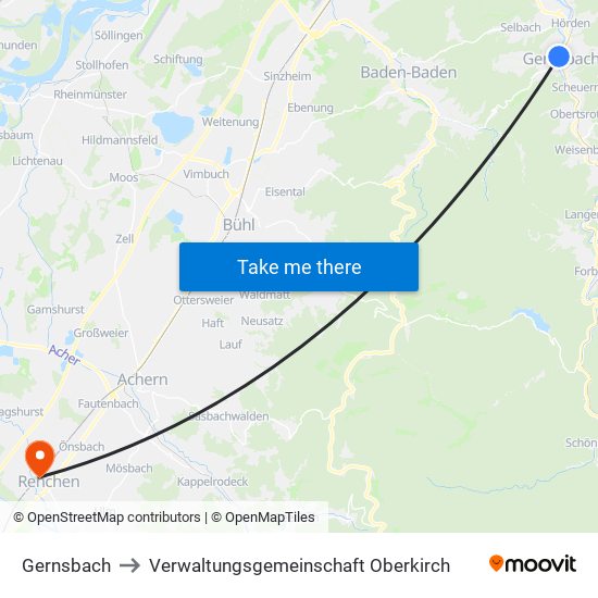 Gernsbach to Verwaltungsgemeinschaft Oberkirch map