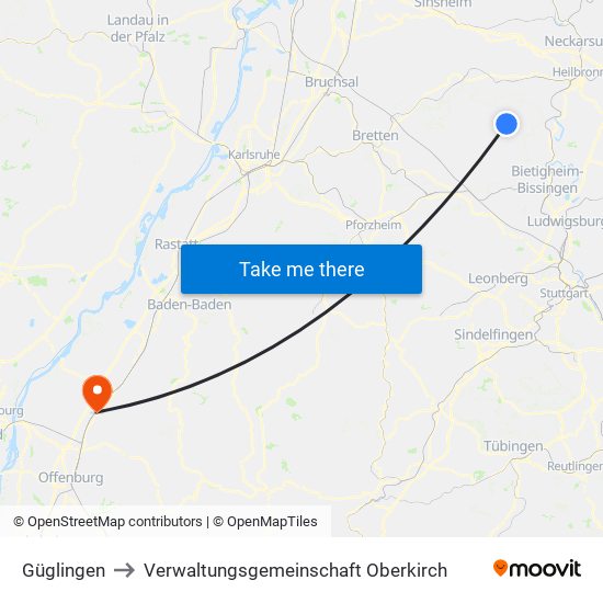 Güglingen to Verwaltungsgemeinschaft Oberkirch map