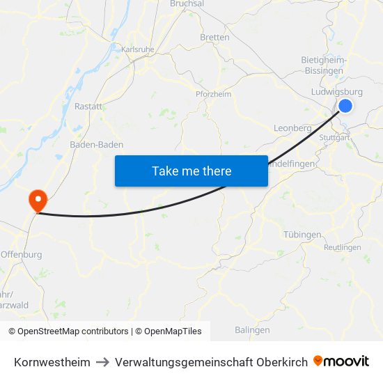 Kornwestheim to Verwaltungsgemeinschaft Oberkirch map