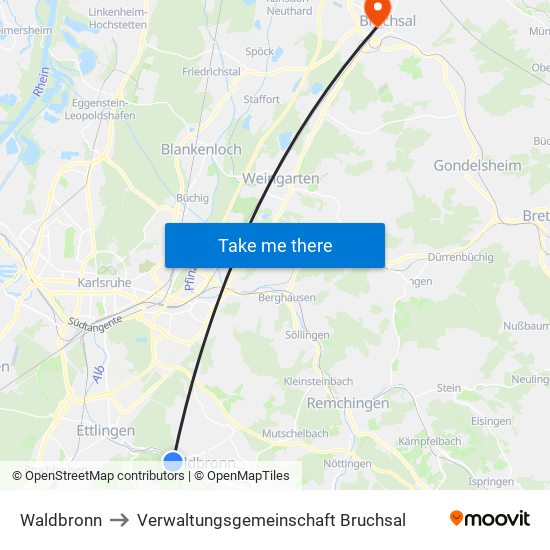 Waldbronn to Verwaltungsgemeinschaft Bruchsal map