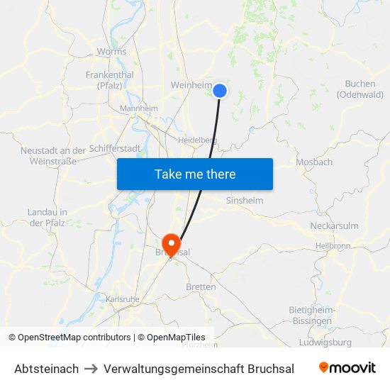 Abtsteinach to Verwaltungsgemeinschaft Bruchsal map