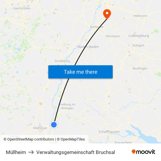 Müllheim to Verwaltungsgemeinschaft Bruchsal map