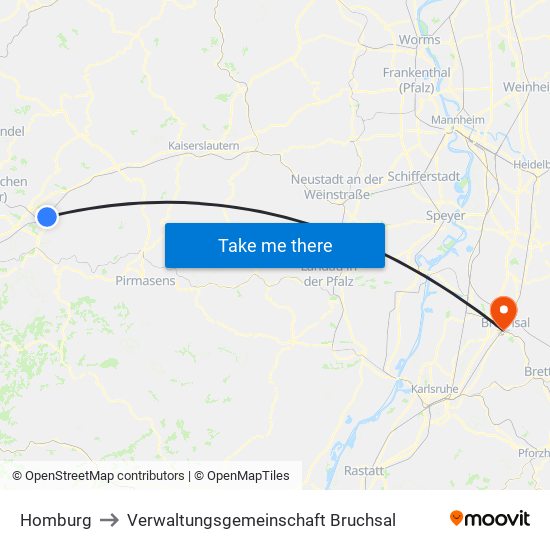 Homburg to Verwaltungsgemeinschaft Bruchsal map