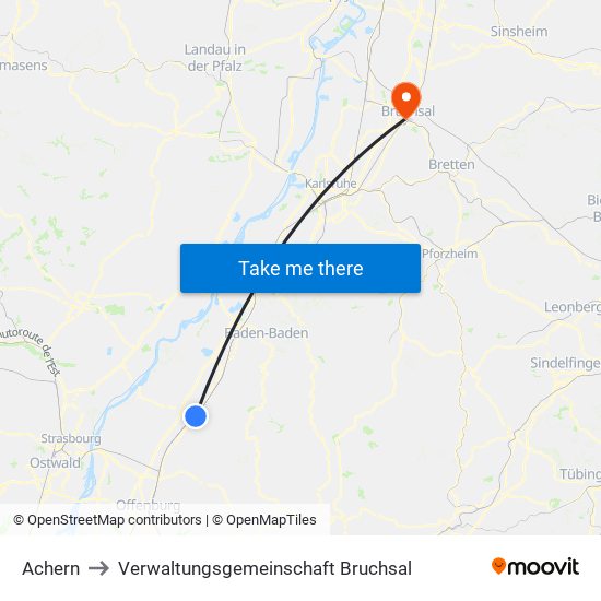 Achern to Verwaltungsgemeinschaft Bruchsal map