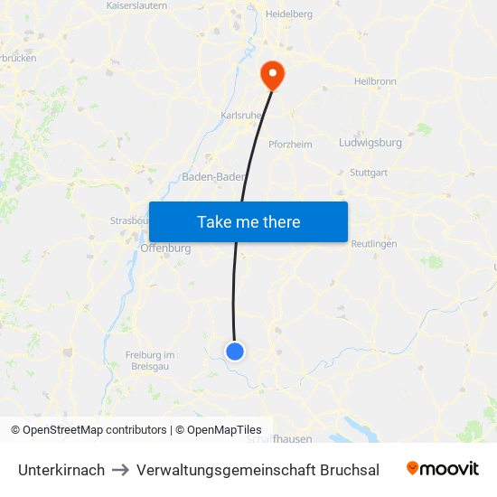 Unterkirnach to Verwaltungsgemeinschaft Bruchsal map