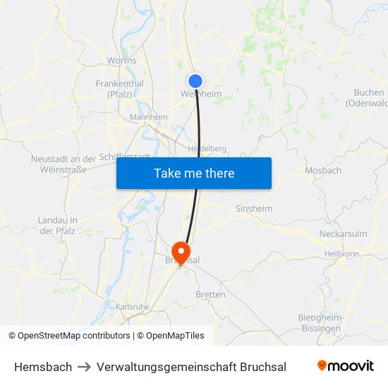 Hemsbach to Verwaltungsgemeinschaft Bruchsal map