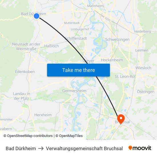 Bad Dürkheim to Verwaltungsgemeinschaft Bruchsal map