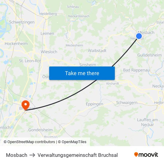 Mosbach to Verwaltungsgemeinschaft Bruchsal map