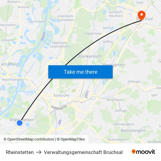 Rheinstetten to Verwaltungsgemeinschaft Bruchsal map