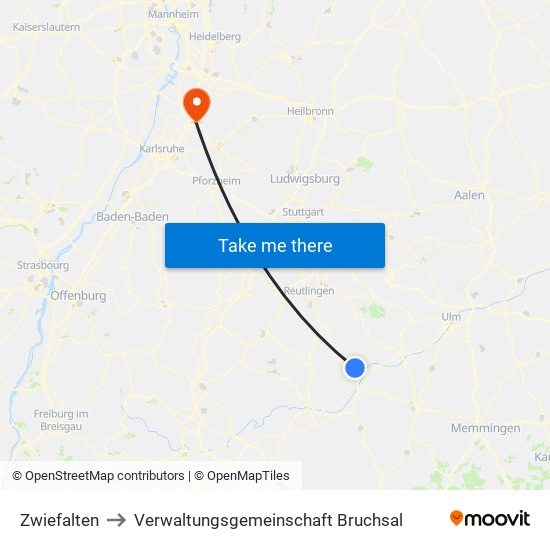 Zwiefalten to Verwaltungsgemeinschaft Bruchsal map