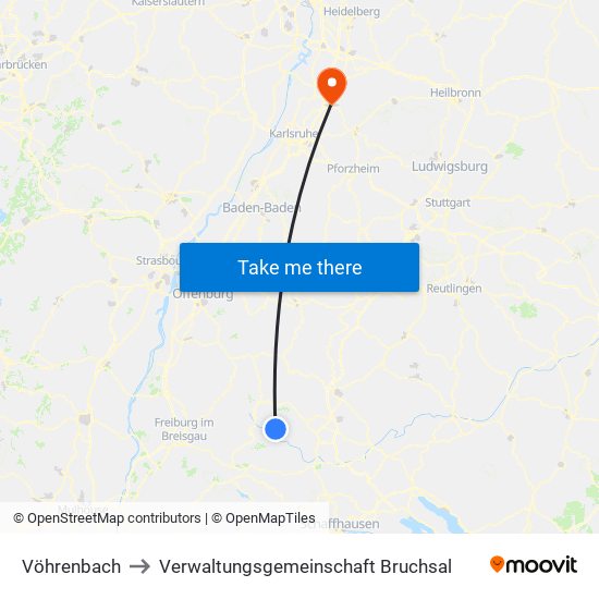 Vöhrenbach to Verwaltungsgemeinschaft Bruchsal map