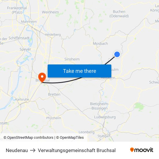 Neudenau to Verwaltungsgemeinschaft Bruchsal map