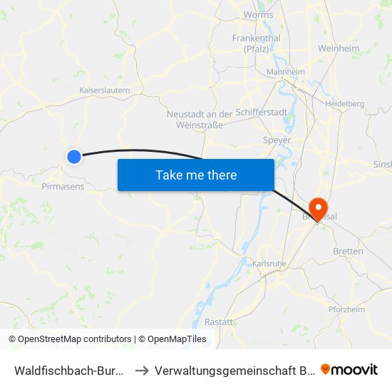 Waldfischbach-Burgalben to Verwaltungsgemeinschaft Bruchsal map