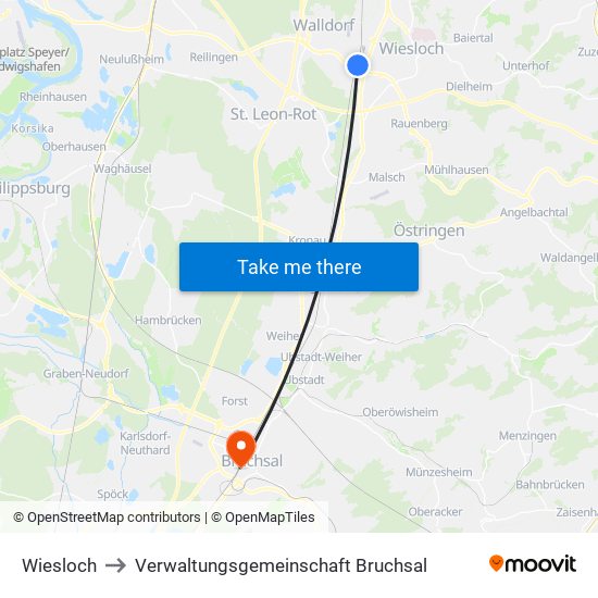Wiesloch to Verwaltungsgemeinschaft Bruchsal map