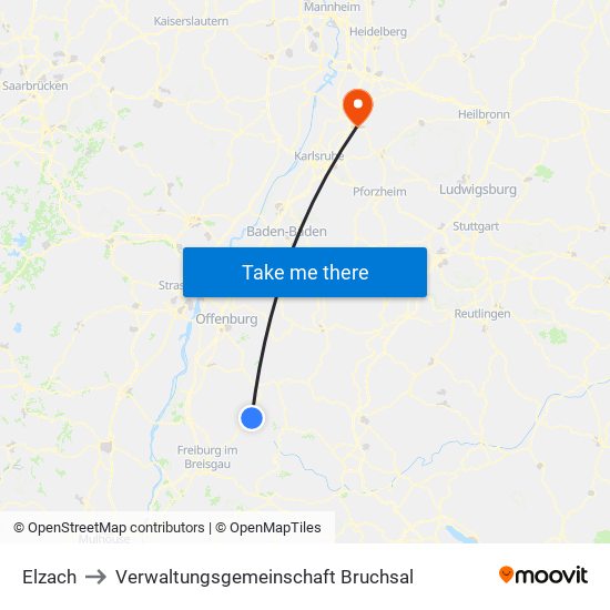 Elzach to Verwaltungsgemeinschaft Bruchsal map