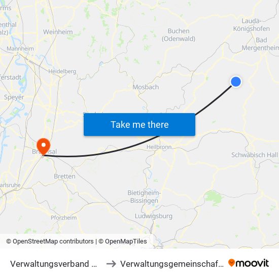 Verwaltungsverband Krautheim to Verwaltungsgemeinschaft Bruchsal map