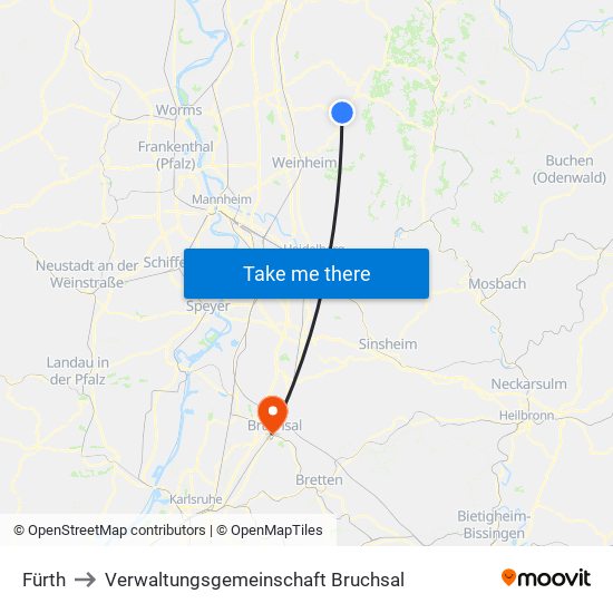 Fürth to Verwaltungsgemeinschaft Bruchsal map